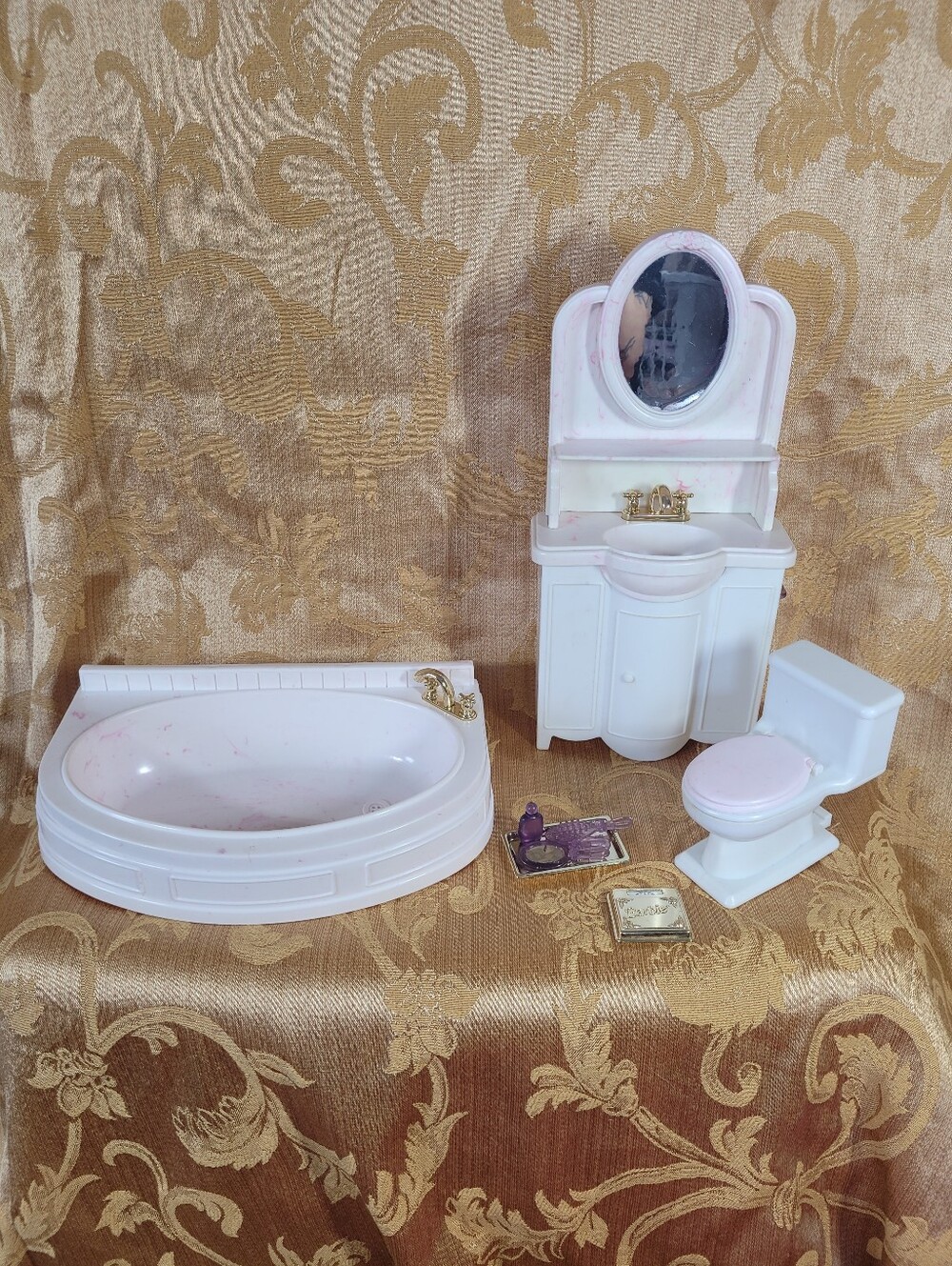 1996 Barbie Bathroom In A Box Pink Marble Vanity Set Vintage Dollhouse